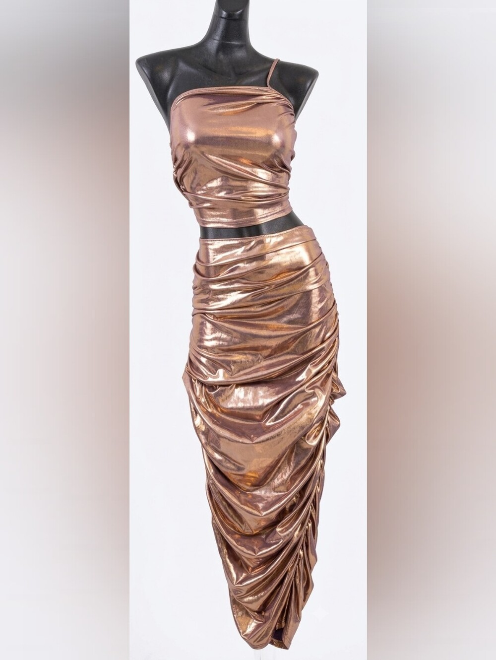 Metallic Bronze Ruched Two-Piece Maxi Dress